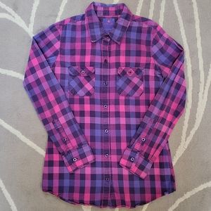 Nollie Boyfriend Fit Shirt Long Sleeve Plaid Button Down Sz Small Pink Purple